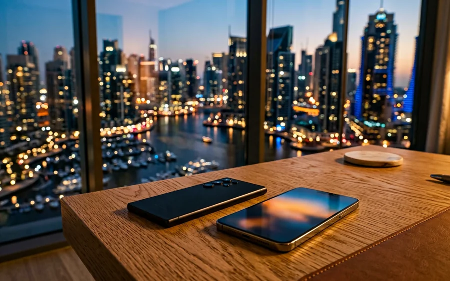 Two phones side by side on a desk at dusk with the Dubai Marina skyline behind - the du vs e& comparison